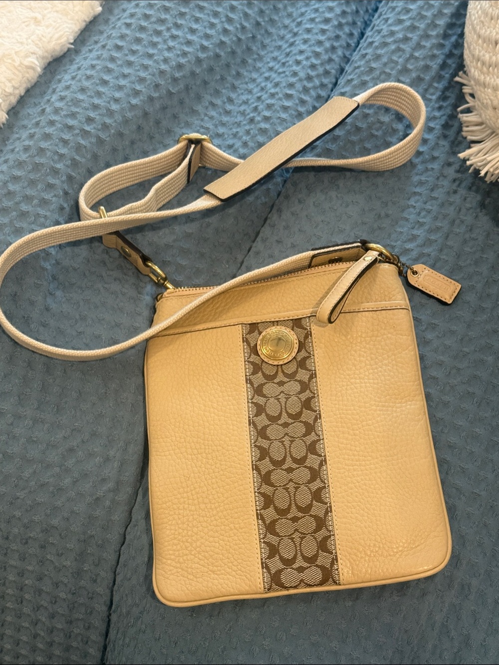 Coach Beige Pebble Leather Crossbody with Signature Center Stripe